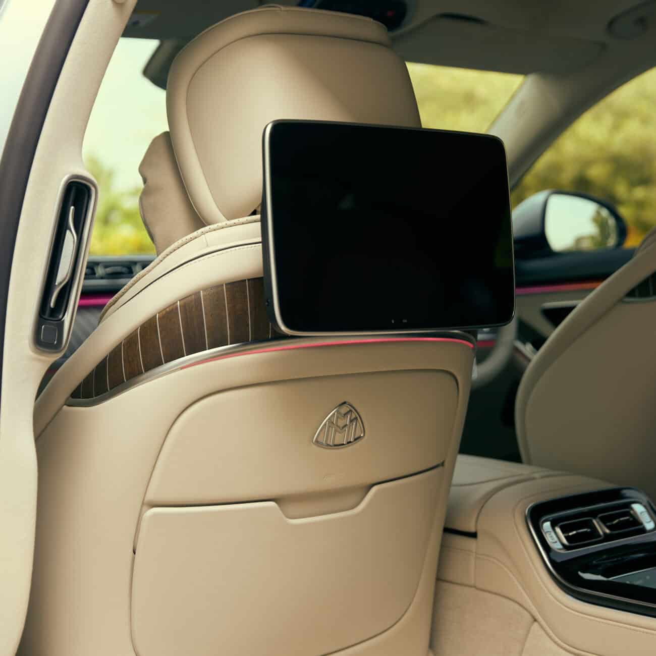 Luxury Car Rental Carleone limousine service in Bangkok, Thailand, featuring high-end interior with rear-seat entertainment screens perfect for airport transfers and executive travel.